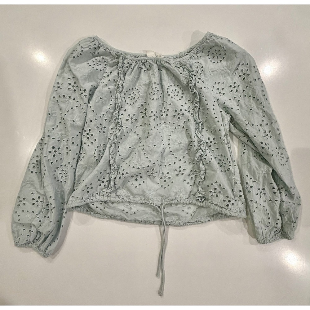 Joie Eyelet Cotton Peasant Blouse Light Blue Long Sleeve Tie Waist Top S